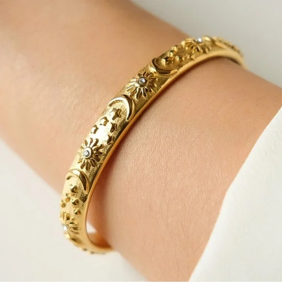 Bohemian Crescent Star Bangle Bracelet | Gold Plated Stainless Steel - Picture 3 of 4